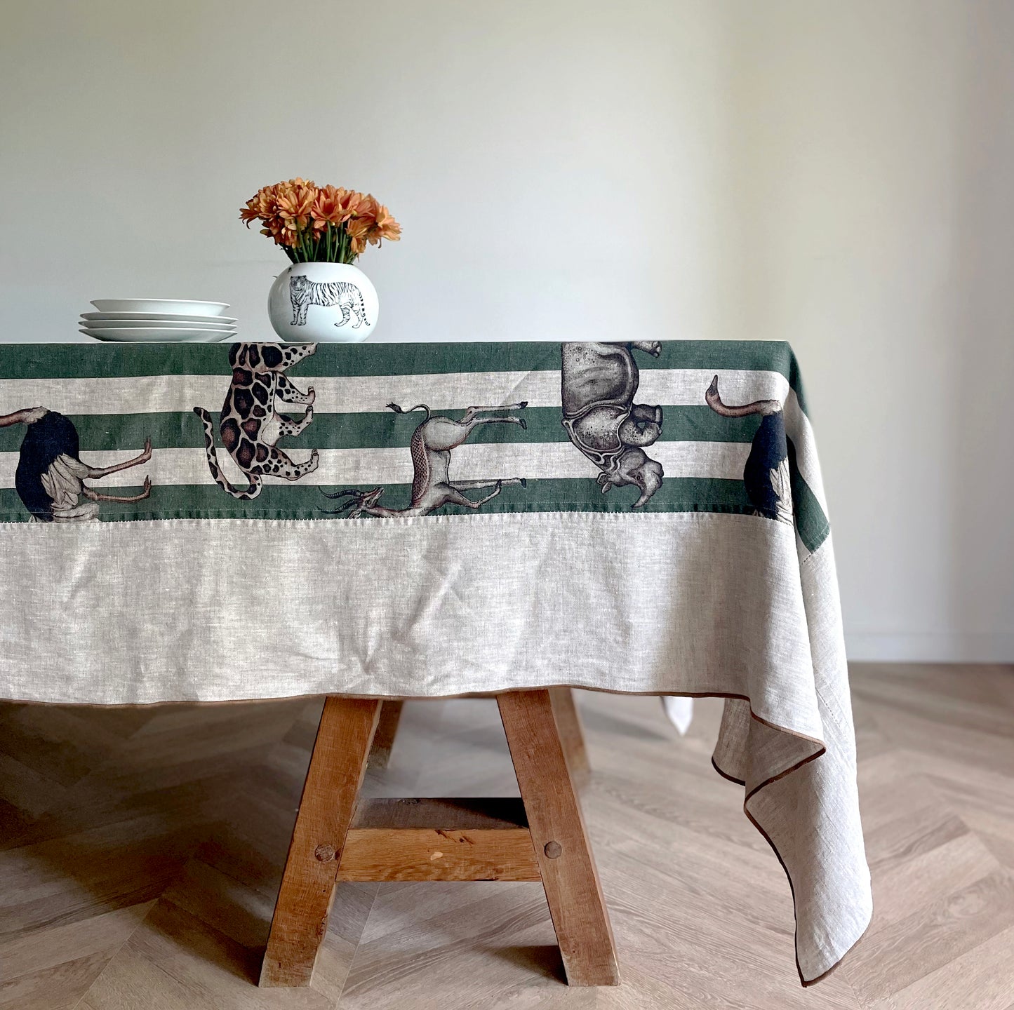 Mantel De Rayas · Puro lino lavado · Color Beige / Verde