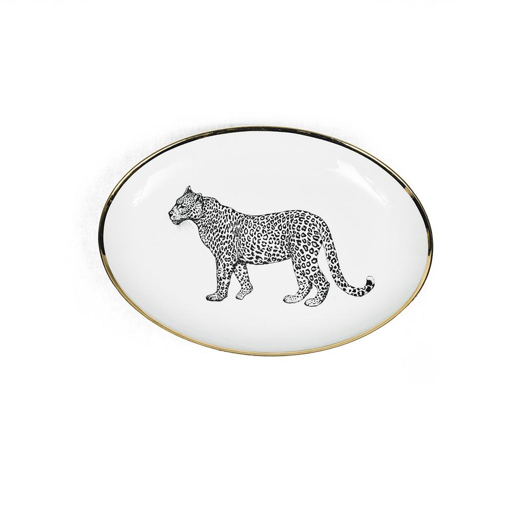 Fuente ovalada pequeña de porcelana de limoges con diseño leopardo Lo de Manuela