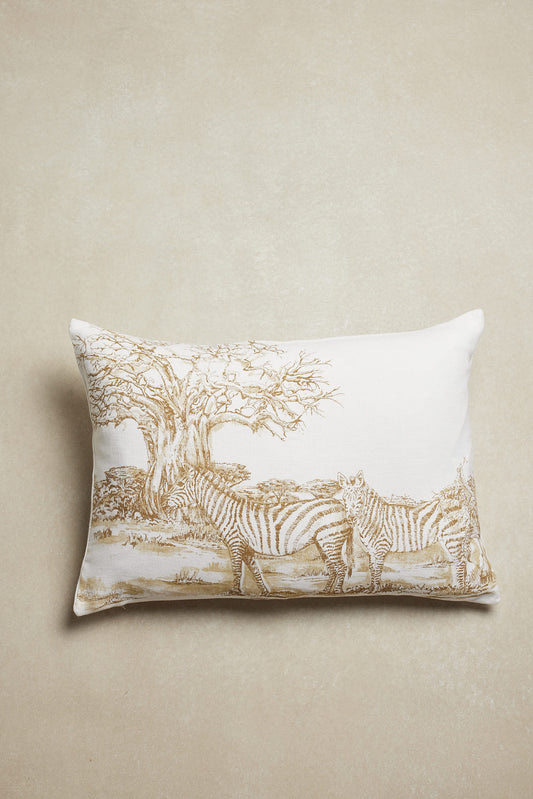 Funda De Cojín · Puro Lino Lavado · Diseño Toile de Jouy Cebra · Blanco/Verde