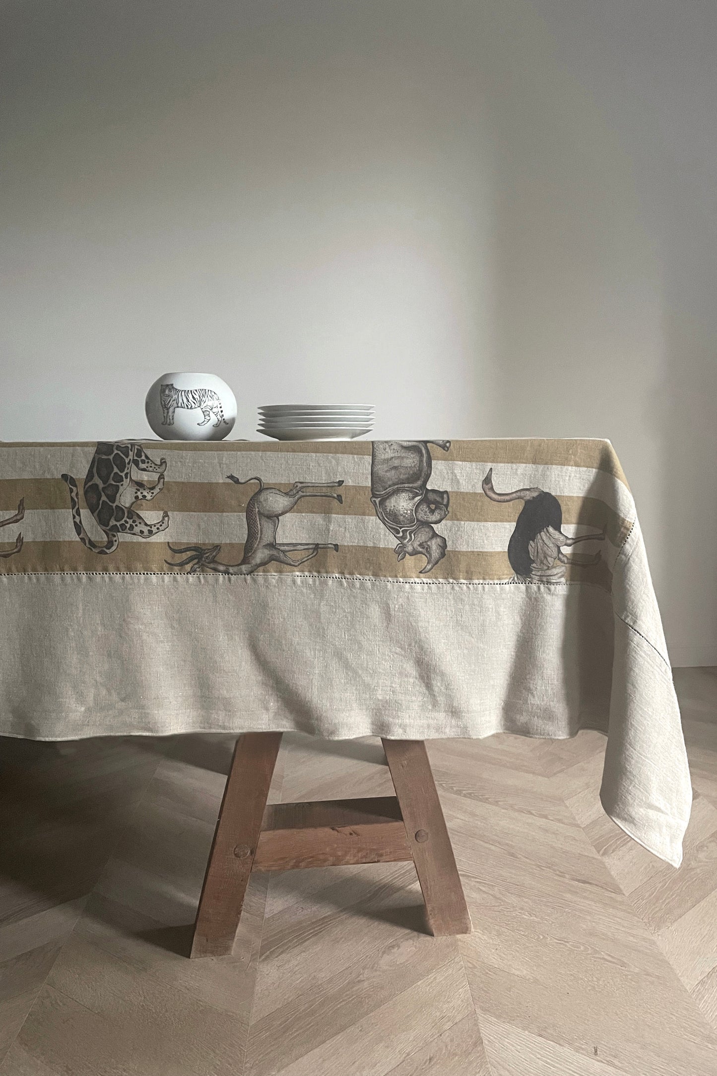 Mantel De Rayas · Puro lino lavado · Color Beige / Mostaza