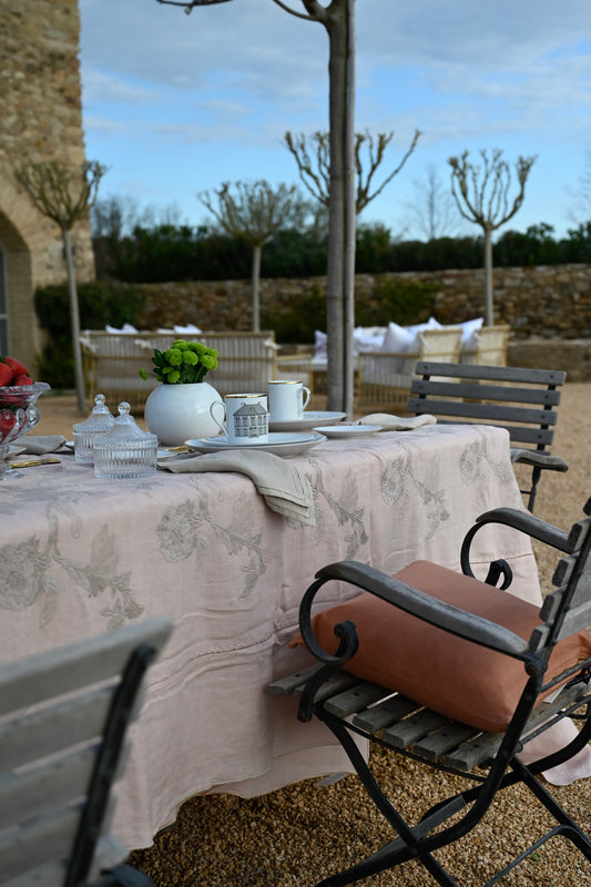 Embroidered Tablecloth - Pure Washed Linen - Dominique Design - Pale Pink/Beige base