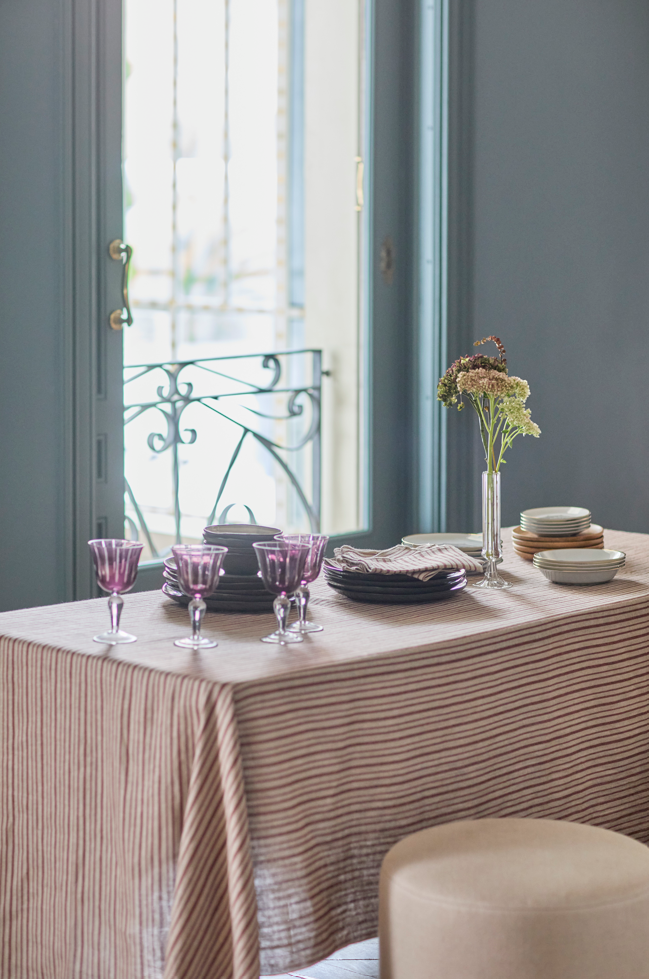 Mantel Estampado · Puro Lino Lavado · Rayas · Natural/Burdeos