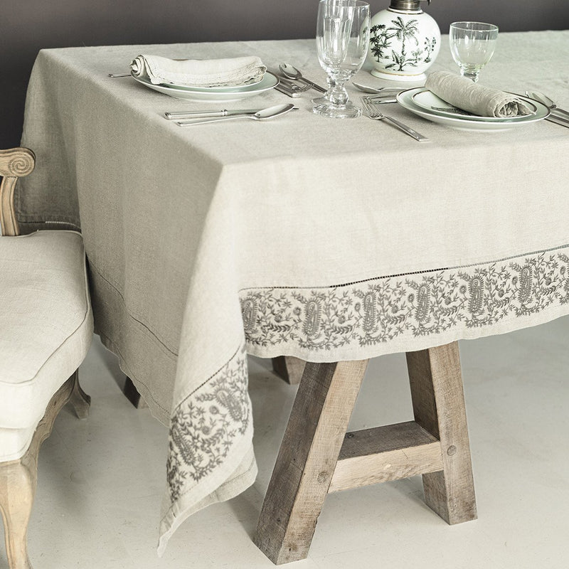 Embroidery Tablecloth - Pure Washed Linen - Paisley Design - Beige