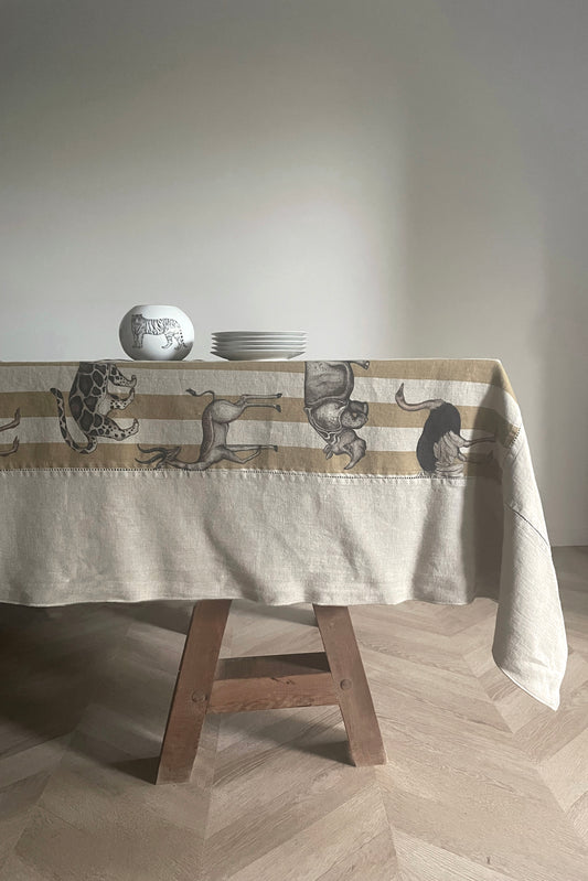 Mantel De Rayas · Puro lino lavado · Color Beige / Mostaza