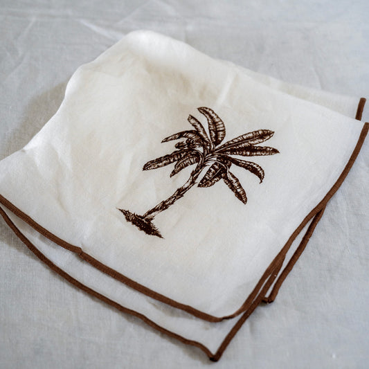 Servilleta · Puro Lino Lavado · Diseño Palmera · base Marfil/Marrón
