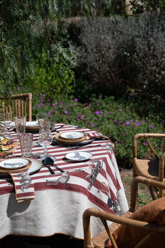 Mantel De Rayas · Puro lino lavado · Color Beige/Burdeos