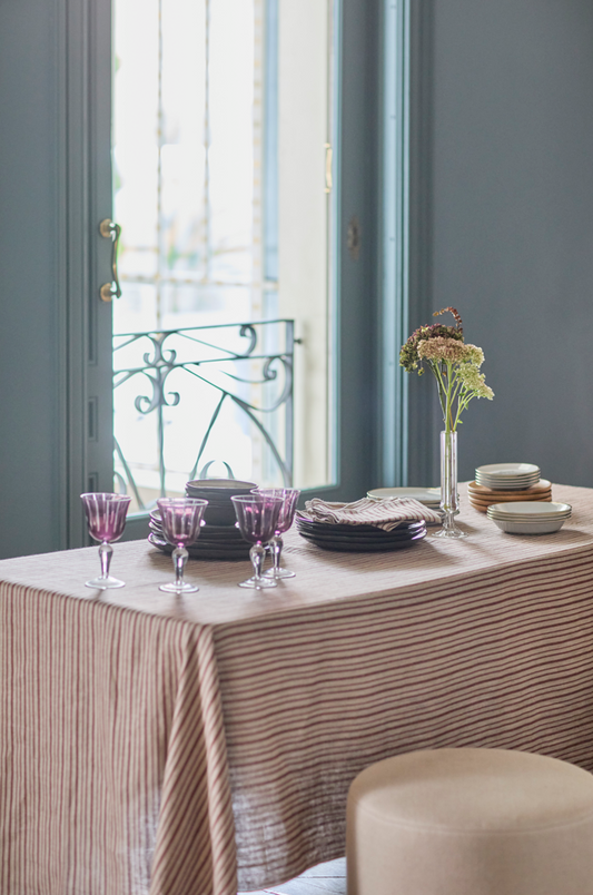 Mantel Estampado · Puro Lino Lavado · Rayas · Natural/Burdeos