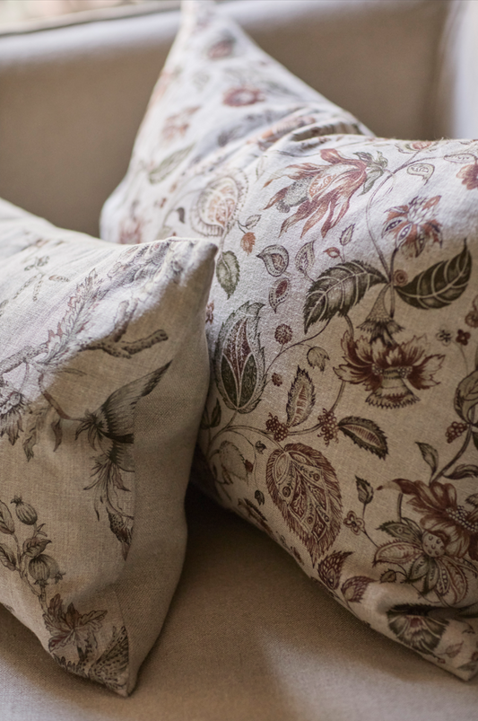 Cojín Estampado · Puro Lino Lavado · Toile pájaros y paislay