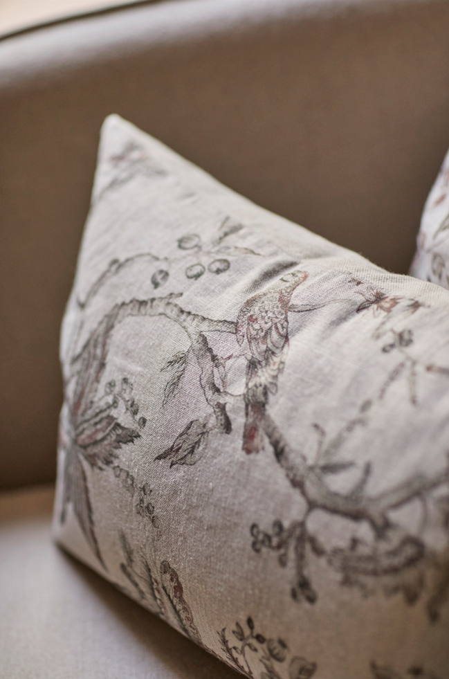 Cojín Estampado · Puro Lino Lavado · Toile pájaros y paislay