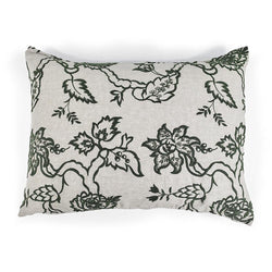 Funda de almohada de lino natural beige con bordado paisley verde oscuro