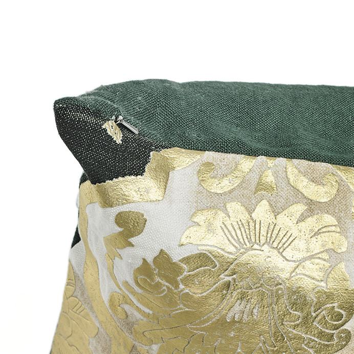 Funda de cojin de lino puro lavado con diseño baronesa en oro y verde inglés 