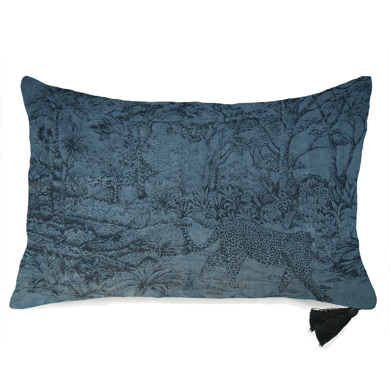 Funda de Cojín · Puro Lino Lavado · Diseño Shamba leopardo azul medianoche